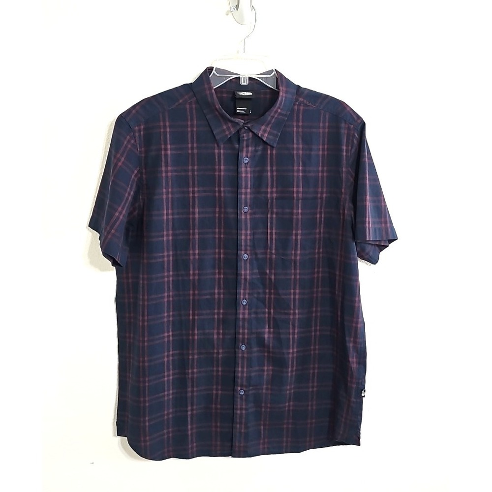 The North Face Short Sleeve Button Shirt Large Navy Blue Red Check Cotton